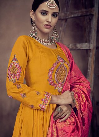 Mustard Embroidered Rayon Readymade Anarkali Suit