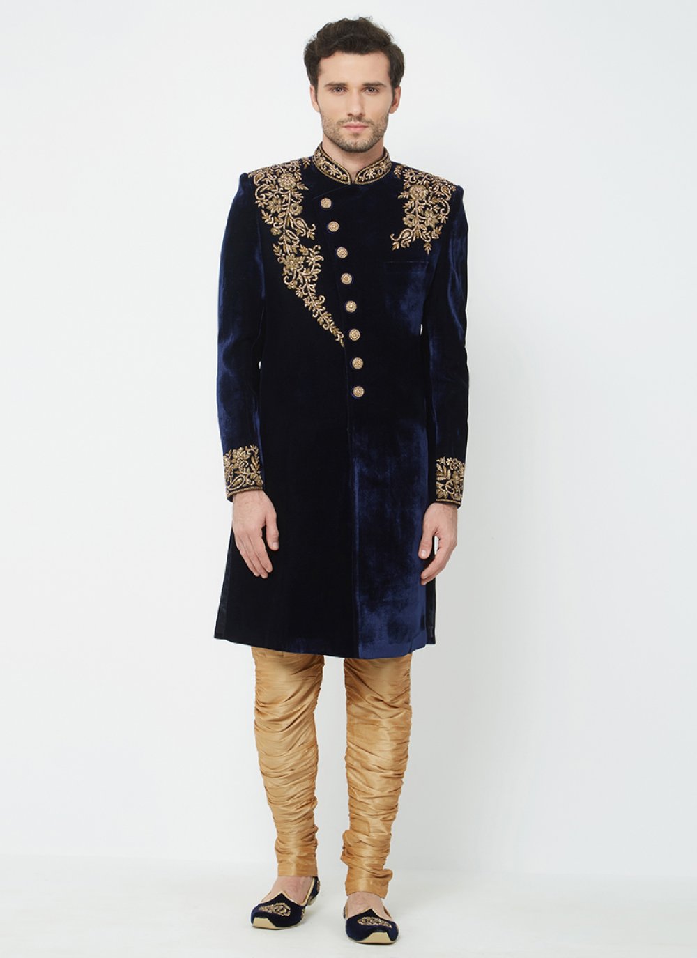 Navy Blue Velvet Jacket Style Sherwani 264732