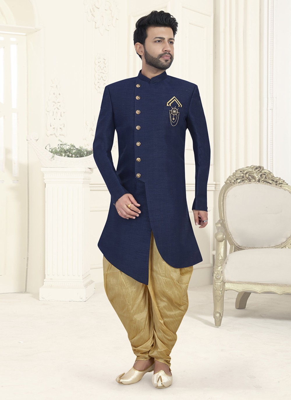 Navy blue printed designer jodhpuri kurta suit | Visit g3fashion.com to  shop | Western suits, Mens party wear, Men dress