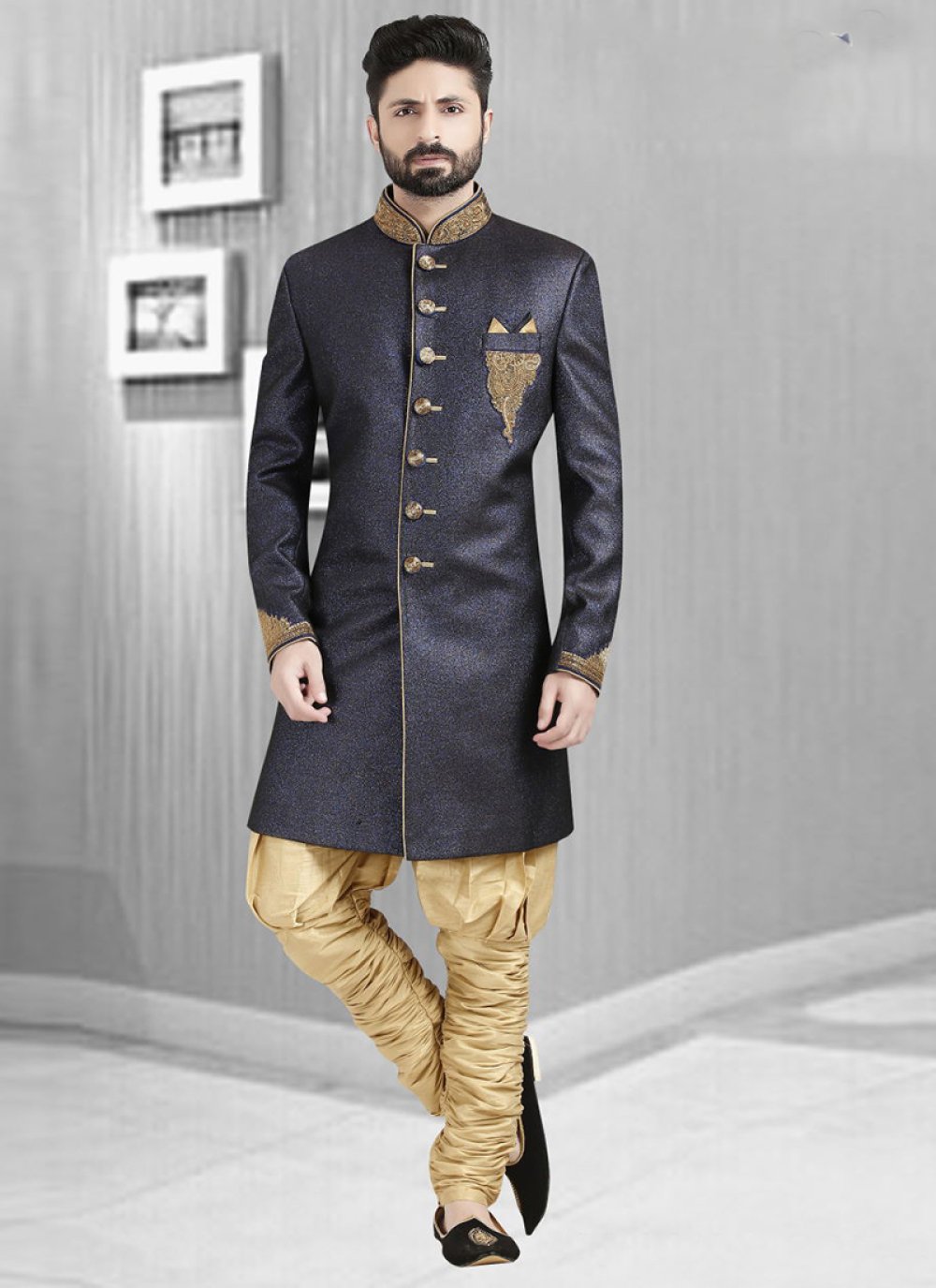 Buy Navy Blue Embroidered Ceremonial Sherwani : 125035