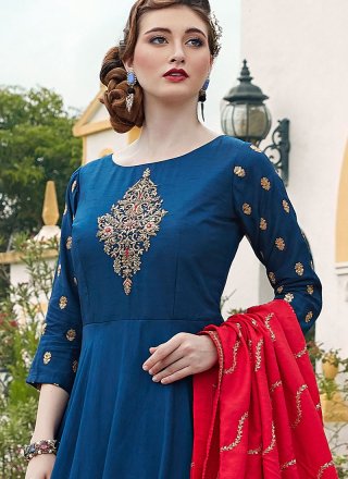 Navy Blue Embroidered Silk Trendy Anarkali Salwar Suit