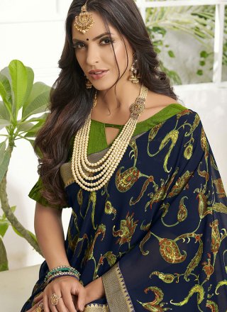 Navy Blue Faux Georgette Lace Printed Saree