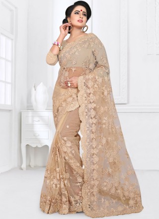 Net Beige Embroidered Classic Saree