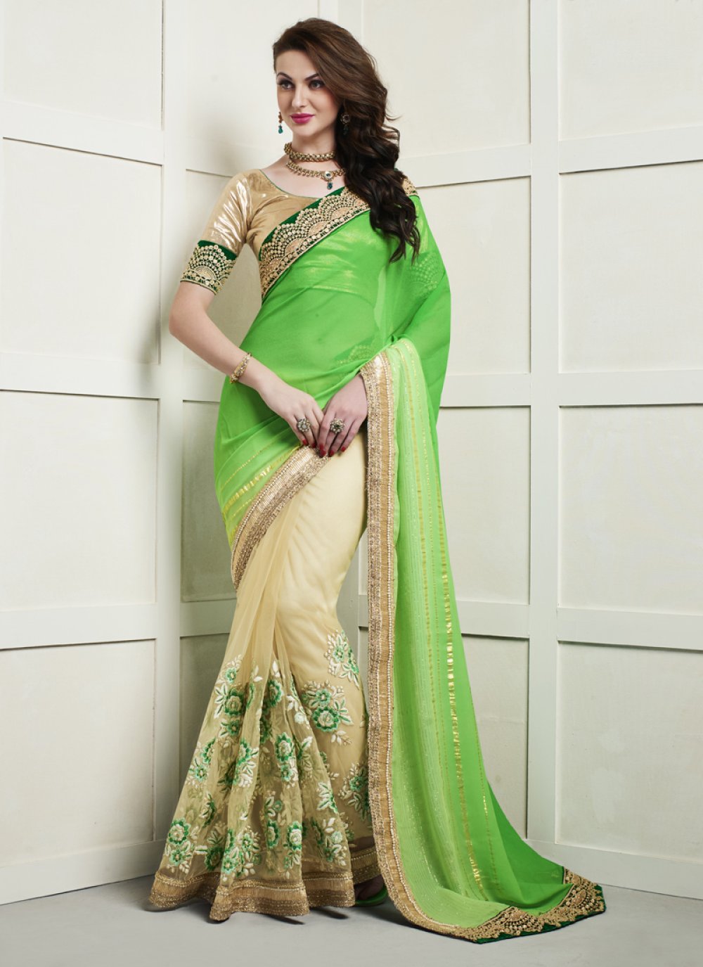 Buy Net Cream And Green Designer Half N Half Saree Online At Best Price