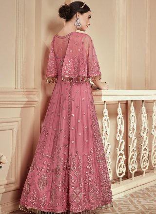 Net Embroidered Floor Length Anarkali Suit in Pink