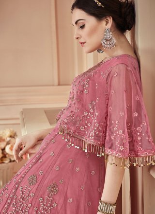 Net Embroidered Floor Length Anarkali Suit in Pink