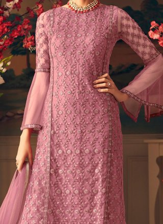 Net Embroidered Pink Designer Palazzo Suit