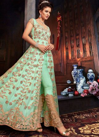 Net Floor Length Anarkali Suit in Sea Green