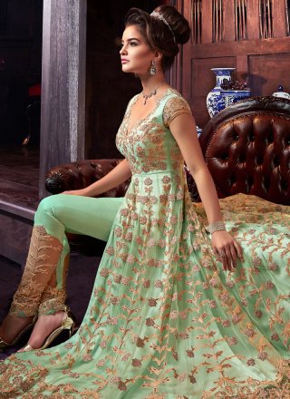 Net Floor Length Anarkali Suit in Sea Green