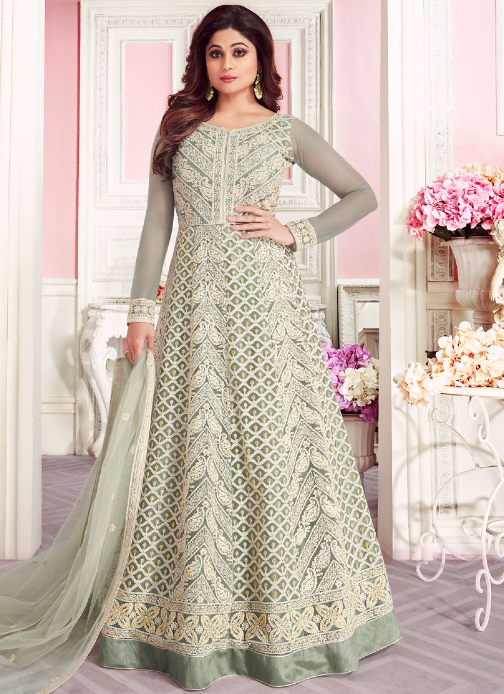 Buy Net Green Embroidered Anarkali Salwar Suit Online