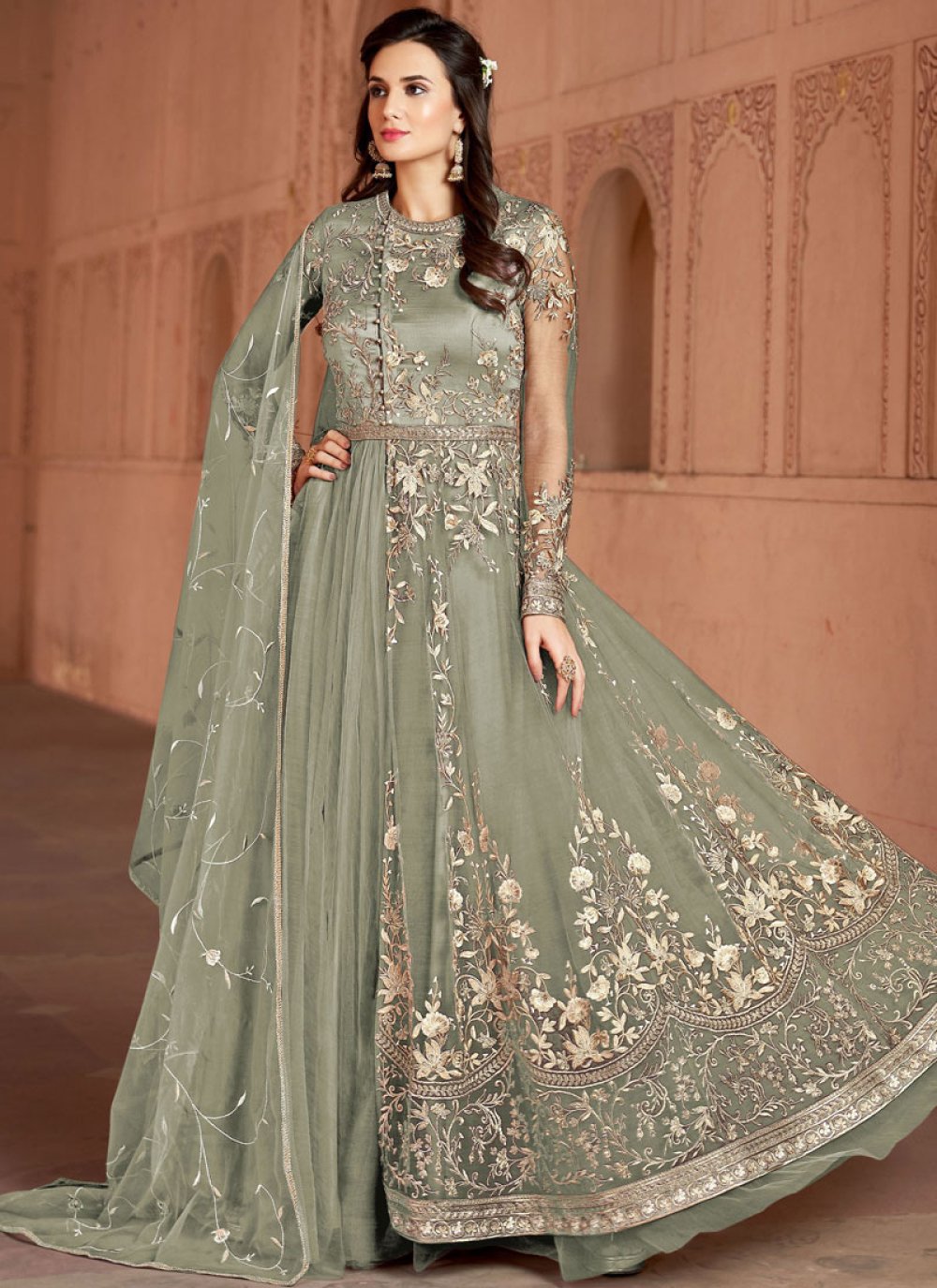 Net Green Embroidered Anarkali Salwar Suit