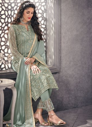 Net Green Embroidered Pant Style Suit