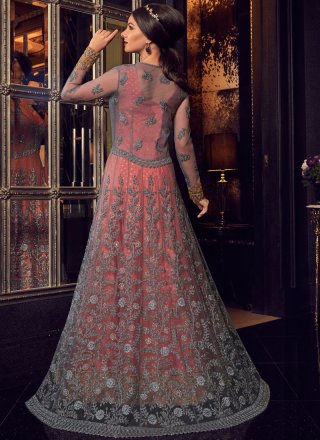 Net Grey and Pink Floor Length Anarkali Suit