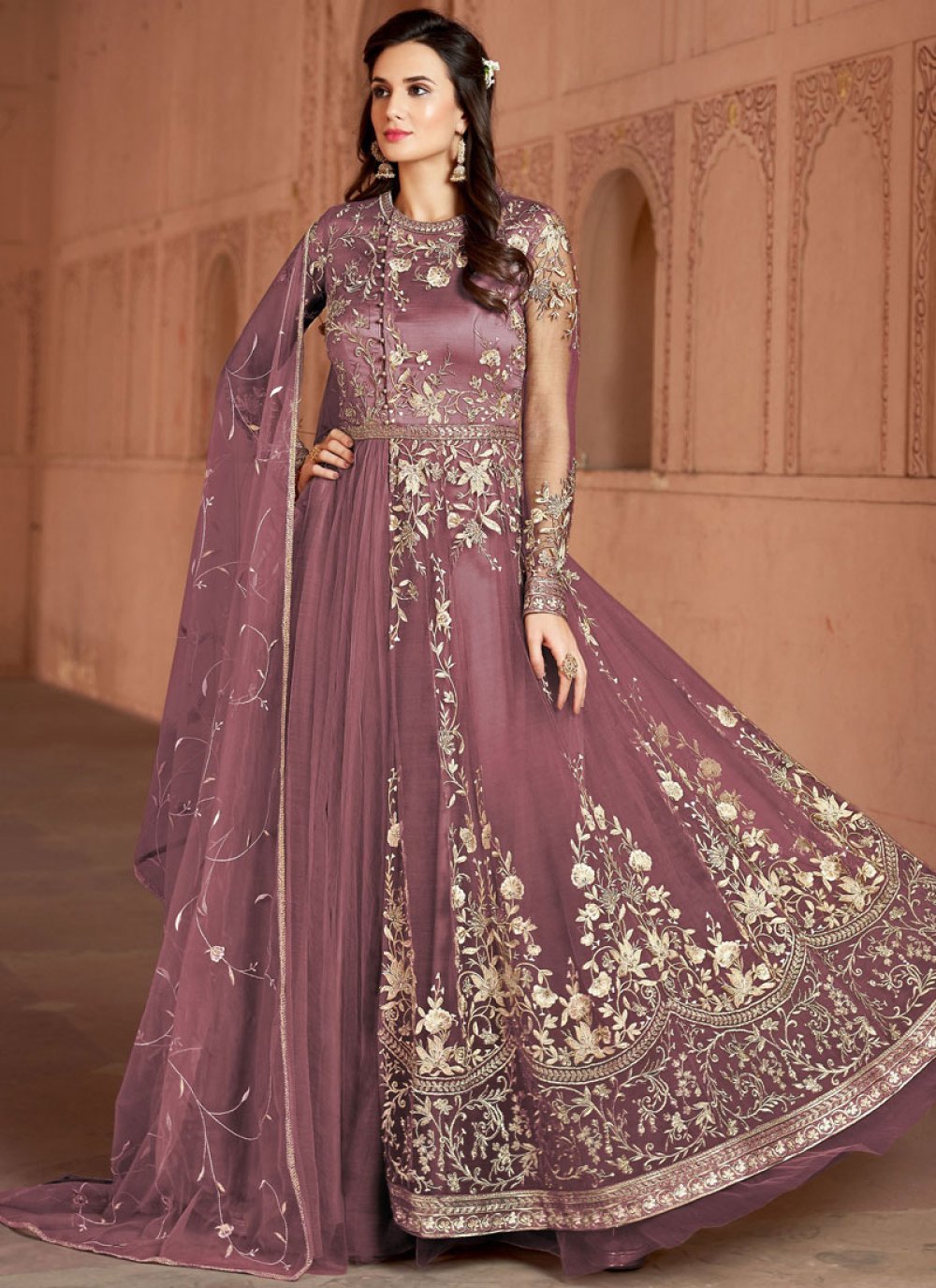 Net Lavender Embroidered Designer Salwar Suit