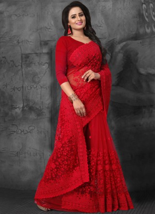 Net Resham Designer Saree in Red