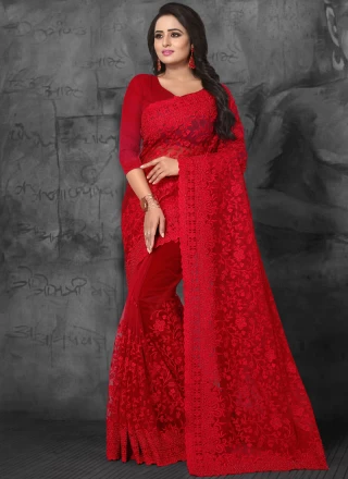 Net Resham Designer Saree in Red