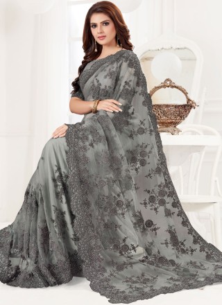 Net Resham Grey Classic Designer Saree