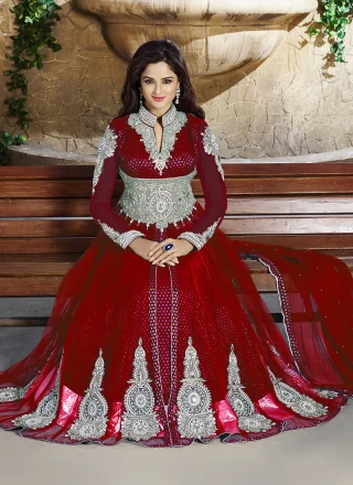 Ruby Red Designer Heavy Embroidered Wedding Anarkali Suit | Burgundy  evening dress, Long anarkali gown, Anarkali gown