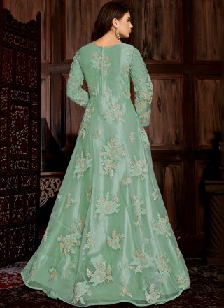 Net Turquoise Embroidered Trendy Anarkali Salwar Kameez