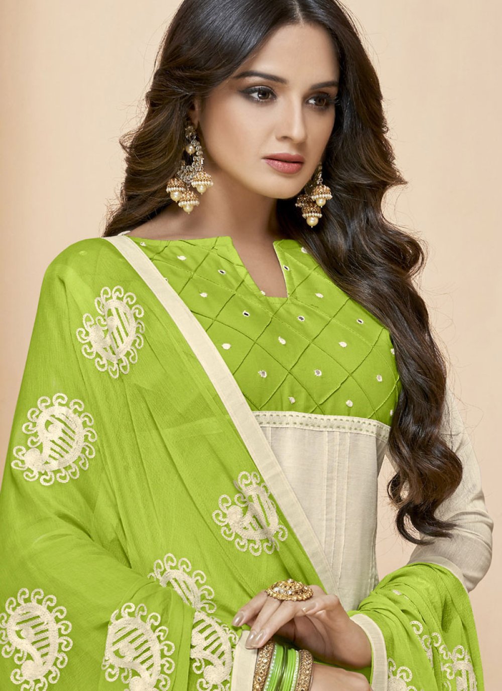 Shop Off White Embroidered Casual Churidar Suit Online : 107209
