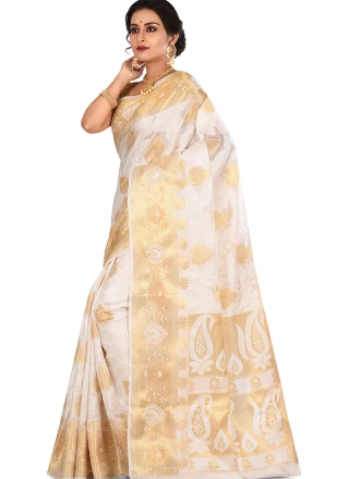 Off White Sangeet Art Banarasi Silk Designer Traditional Saree