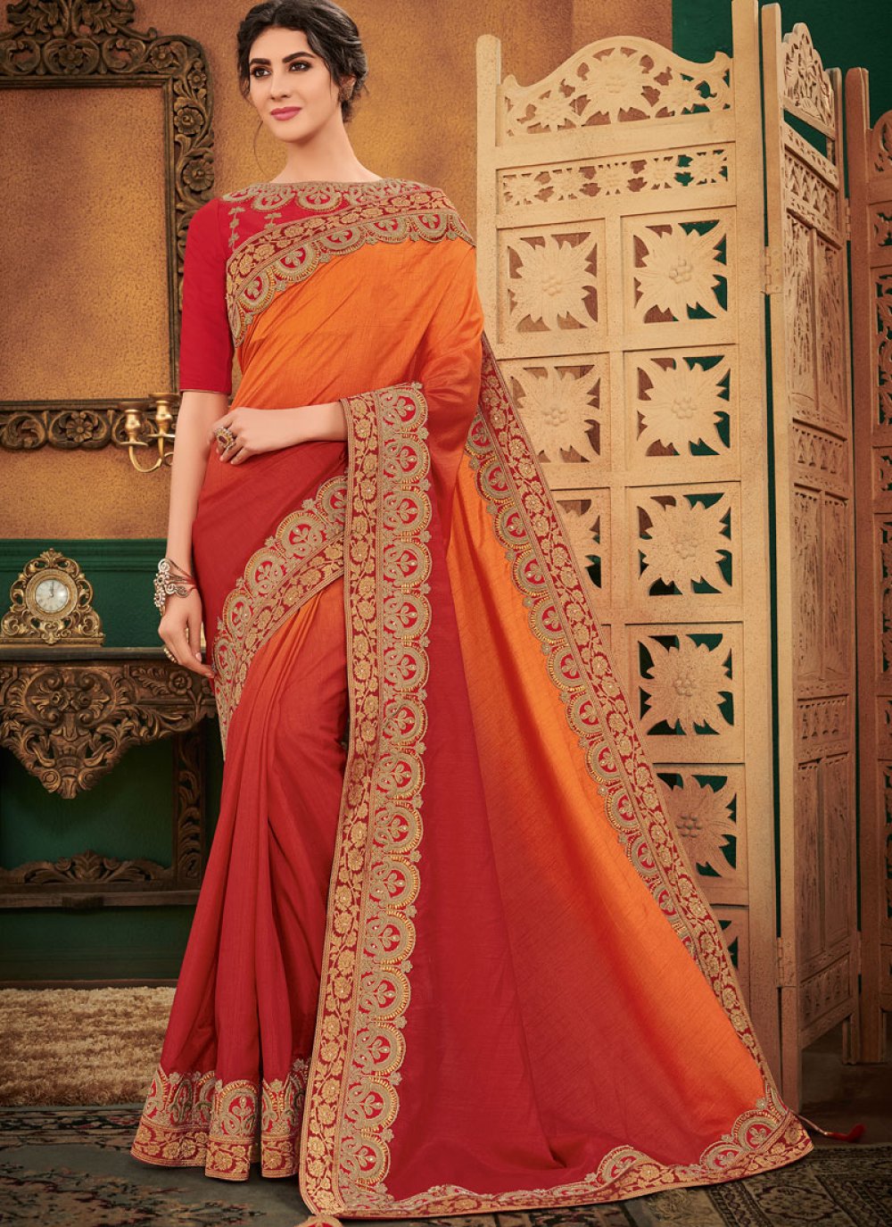 Exclusive Orange Shaded Saree outlets Satin Silk Embroidered Blouse Saree Designer Women Party Wear Saree