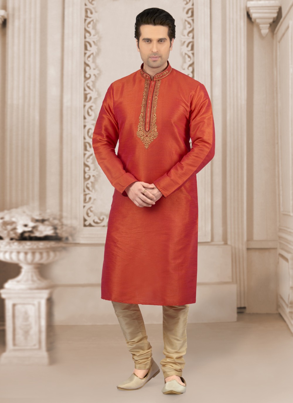 Orange Art Banarasi Silk Embroidered Kurta Pyjama