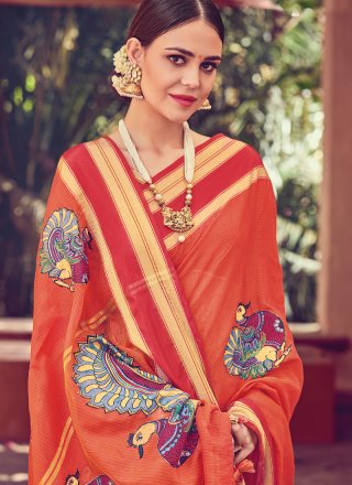 Orange Art Silk Print Traditional Saree