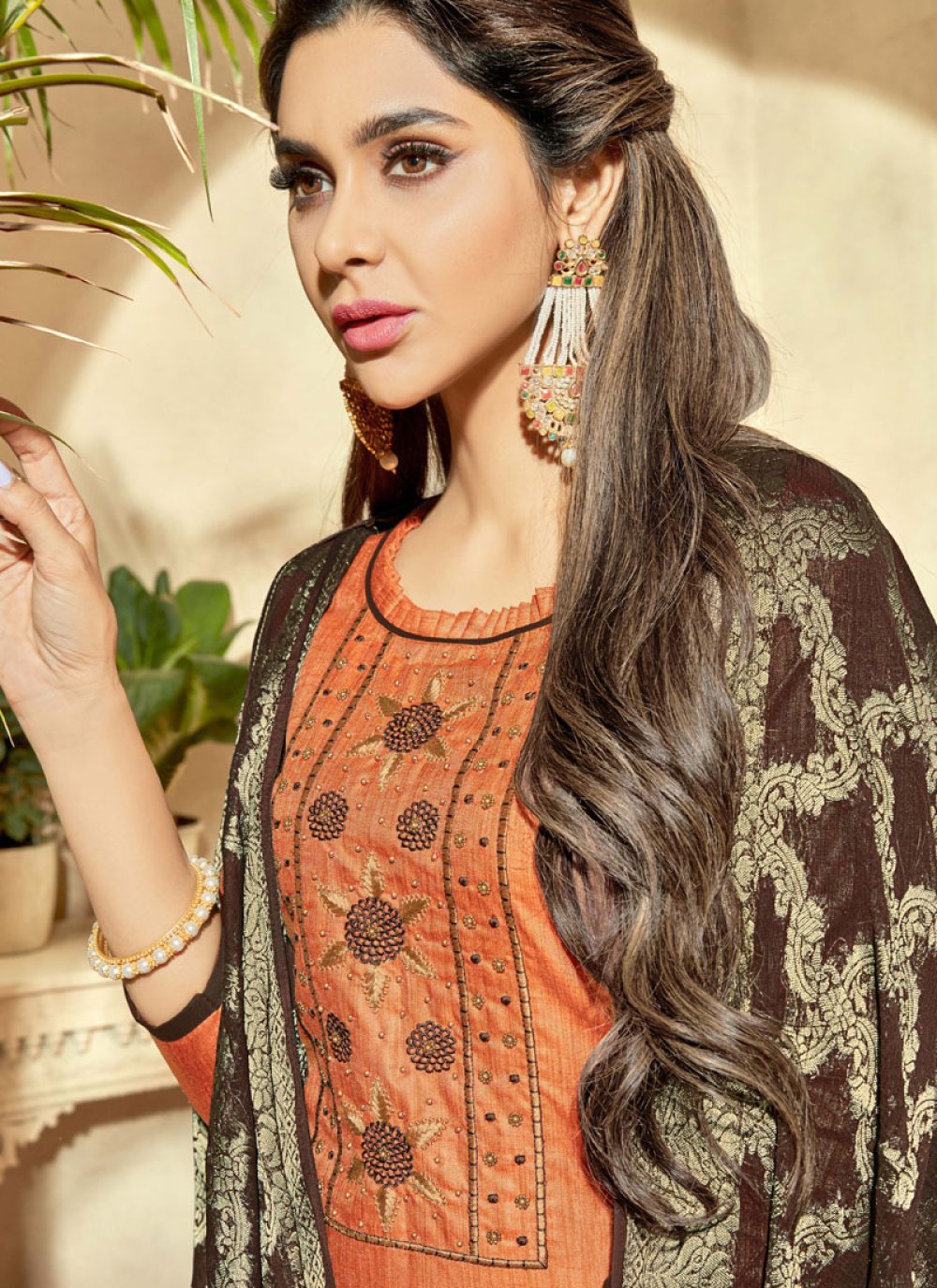 Shop Orange Banarasi Silk Pant Style Suit Online : 111846 -