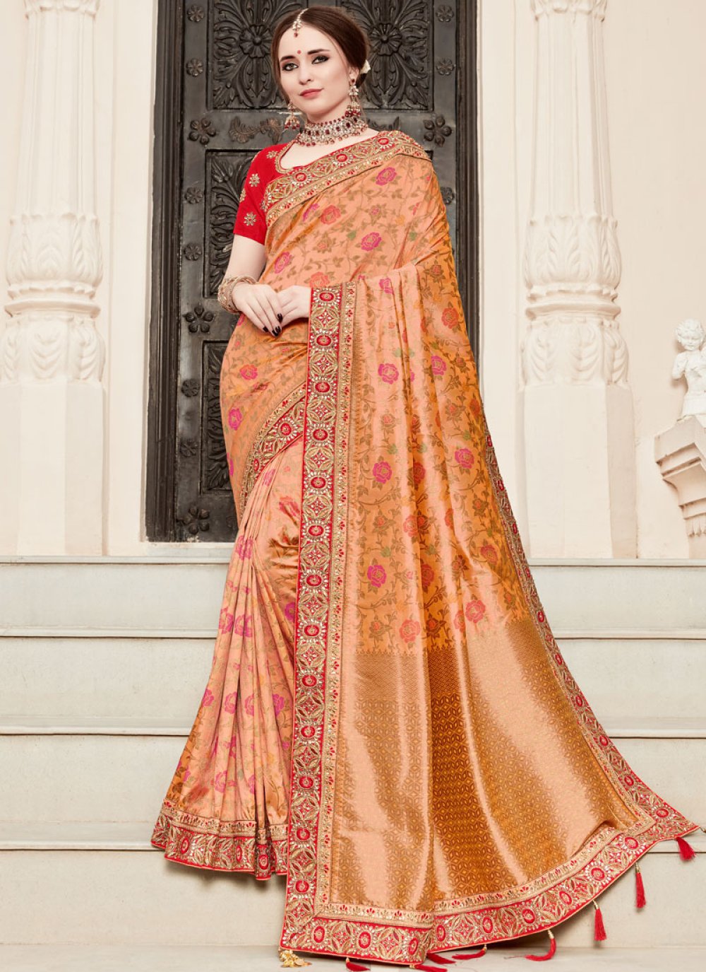 Buy Orange Bridal Art Silk Traditional Designer Saree Online