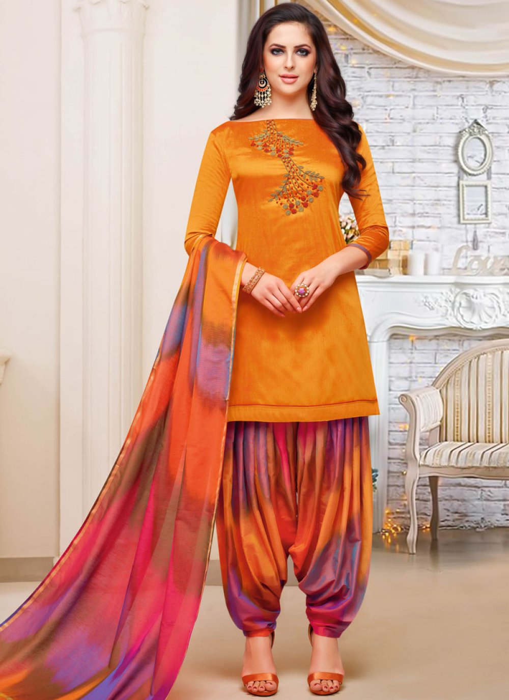 Buy Orange Embroidered Art Silk Designer Patiala Suit : 103730