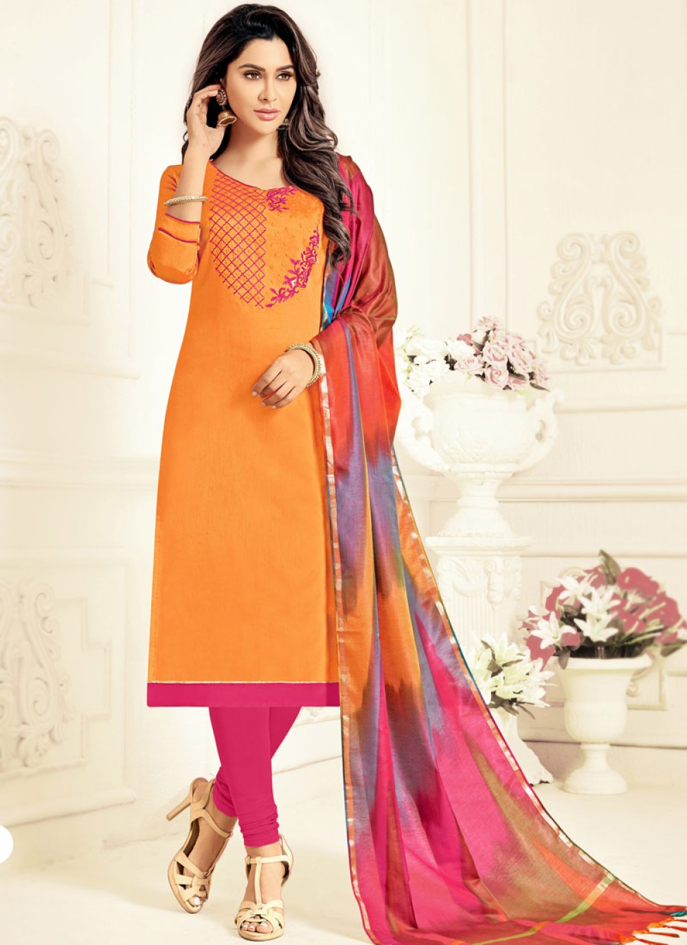 Orange Embroidered Cotton   Salwar Kameez