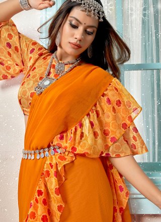 Orange Printed Designer Traditional Saree