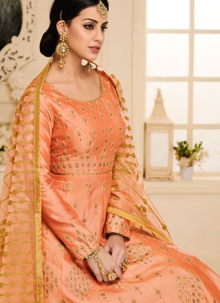 Orange Resham Mehndi Anarkali Salwar Suit