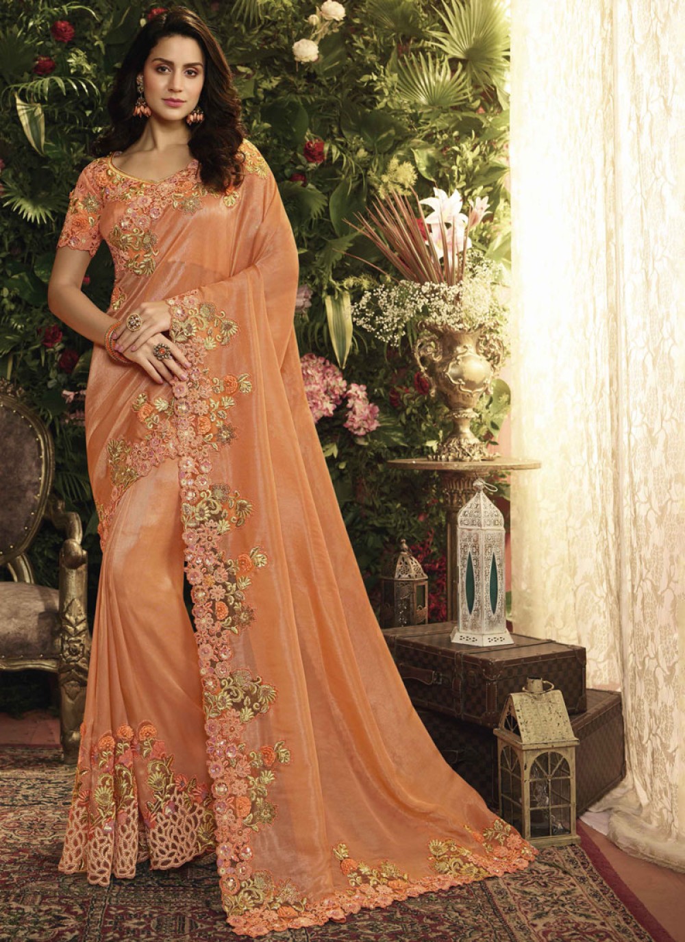 Orange Wedding Fancy Fabric Classic Designer Saree buy online