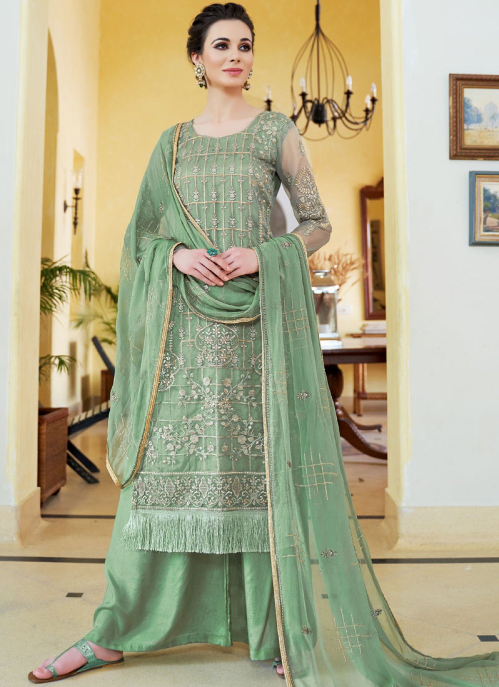 Shop Online Organza Designer Palazzo Salwar Kameez in Green : 119799 -