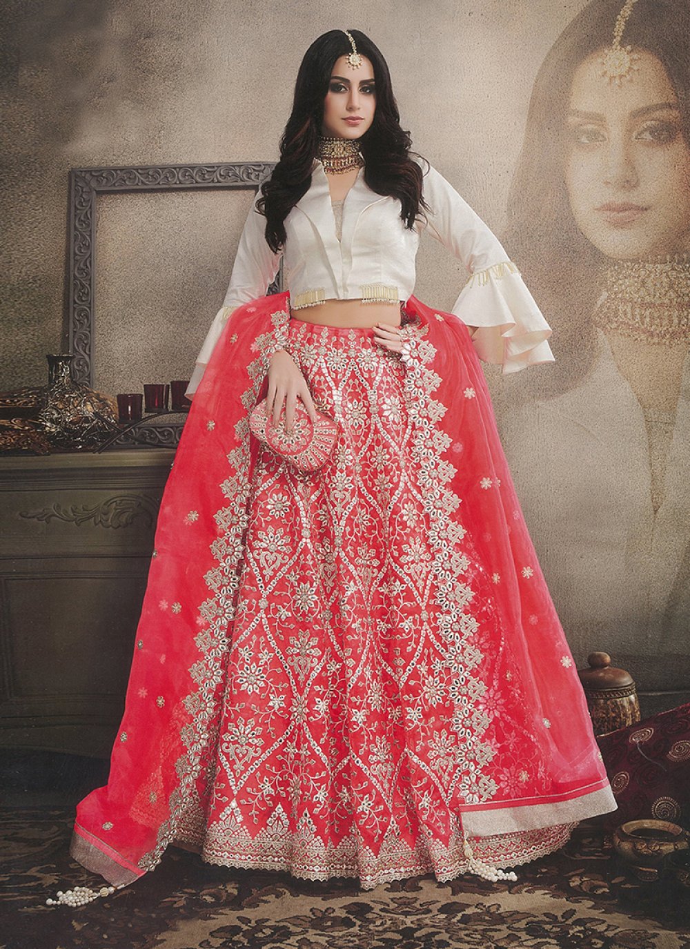 Pink Wire Stitched Lehenga with White Shirt - Dress me Royal