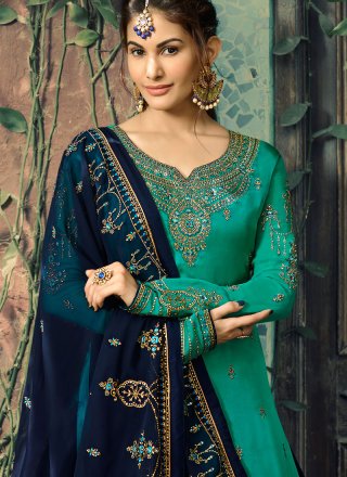 Palazzo Salwar Suit Embroidered Faux Georgette in Teal