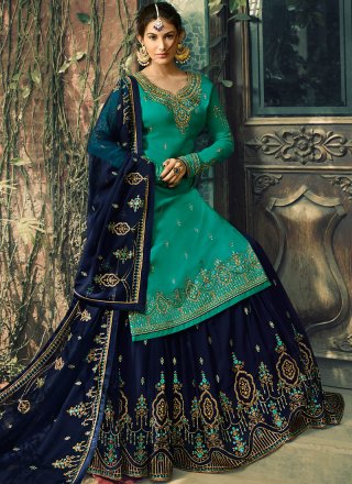 Palazzo Salwar Suit Embroidered Faux Georgette in Teal