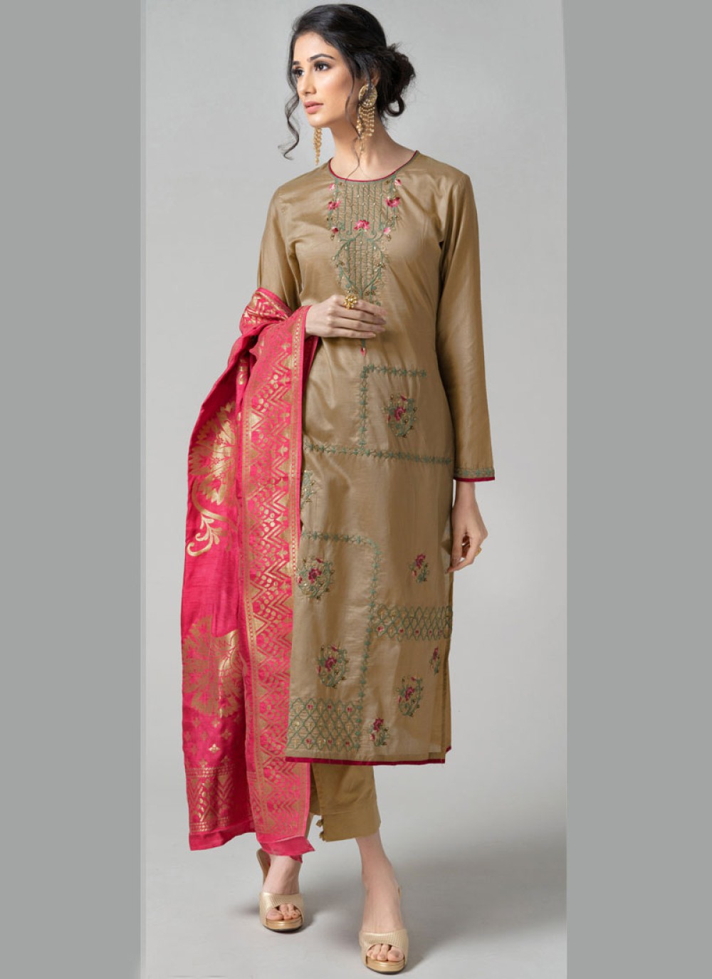Pant Style Suit Embroidered Chanderi in Beige