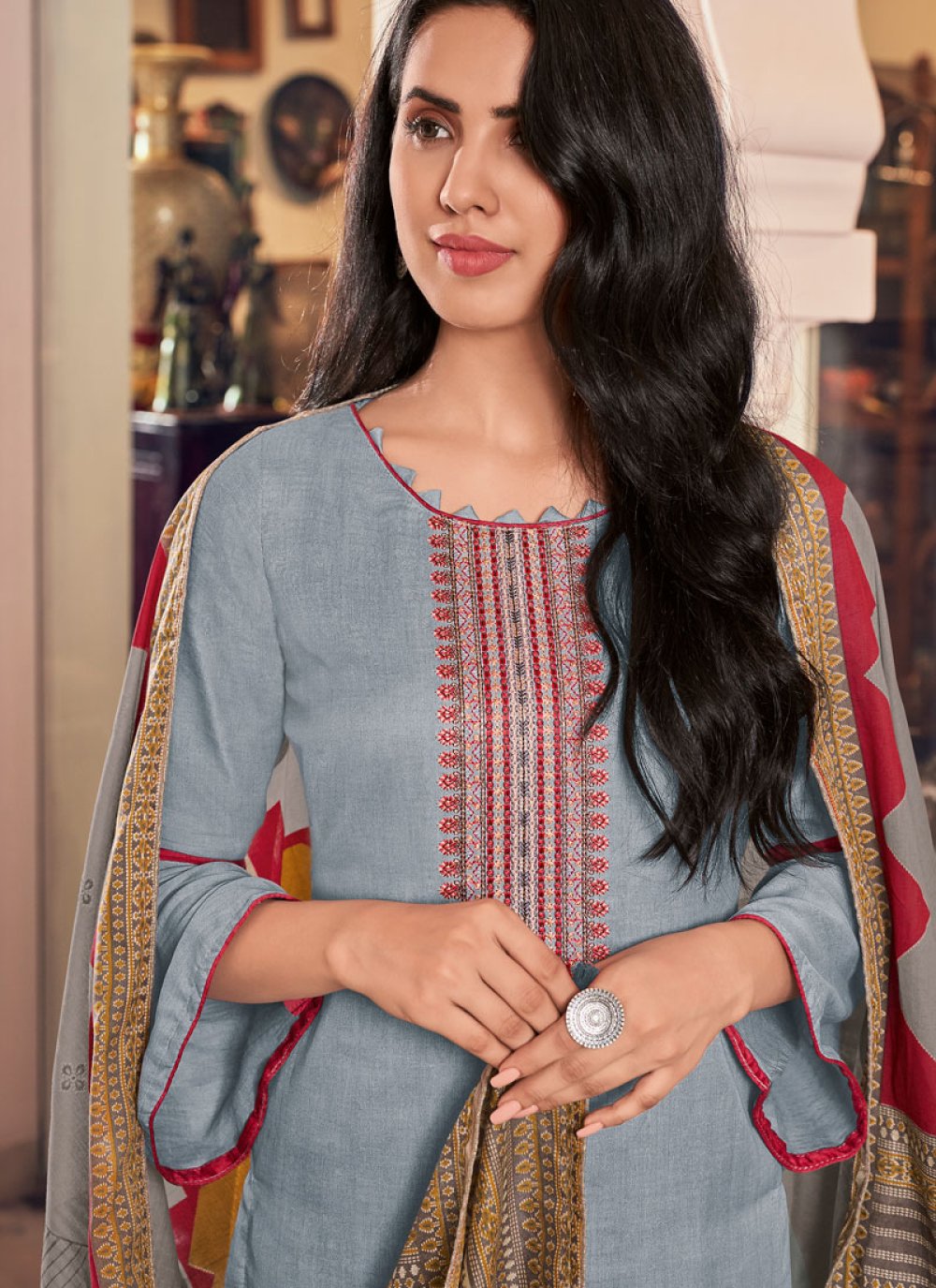 Buy Pant Style Suit Embroidered Cotton in Grey Online