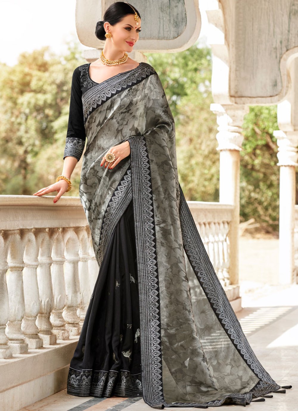 Prominent Grey Colored Party Wear Printed Silk Saree