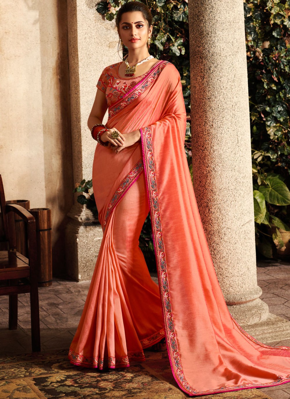 Patch Border Fancy Fabric Peach Traditional Saree