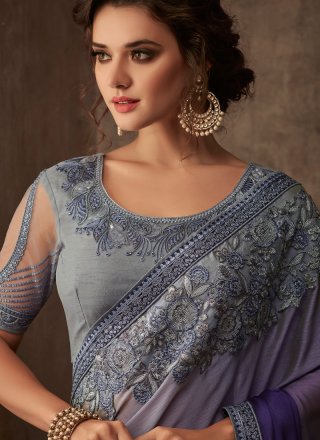 Patch Border Faux Chiffon Classic Saree in Grey and Lavender