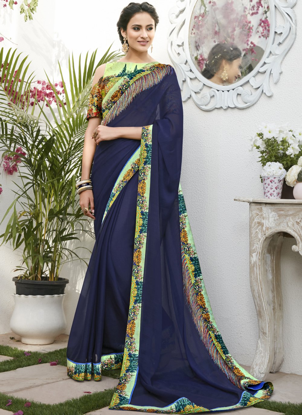 Navy Blue Pure Chiffon Saree | Pure chiffon sarees, Chiffon saree, Pure  chiffon