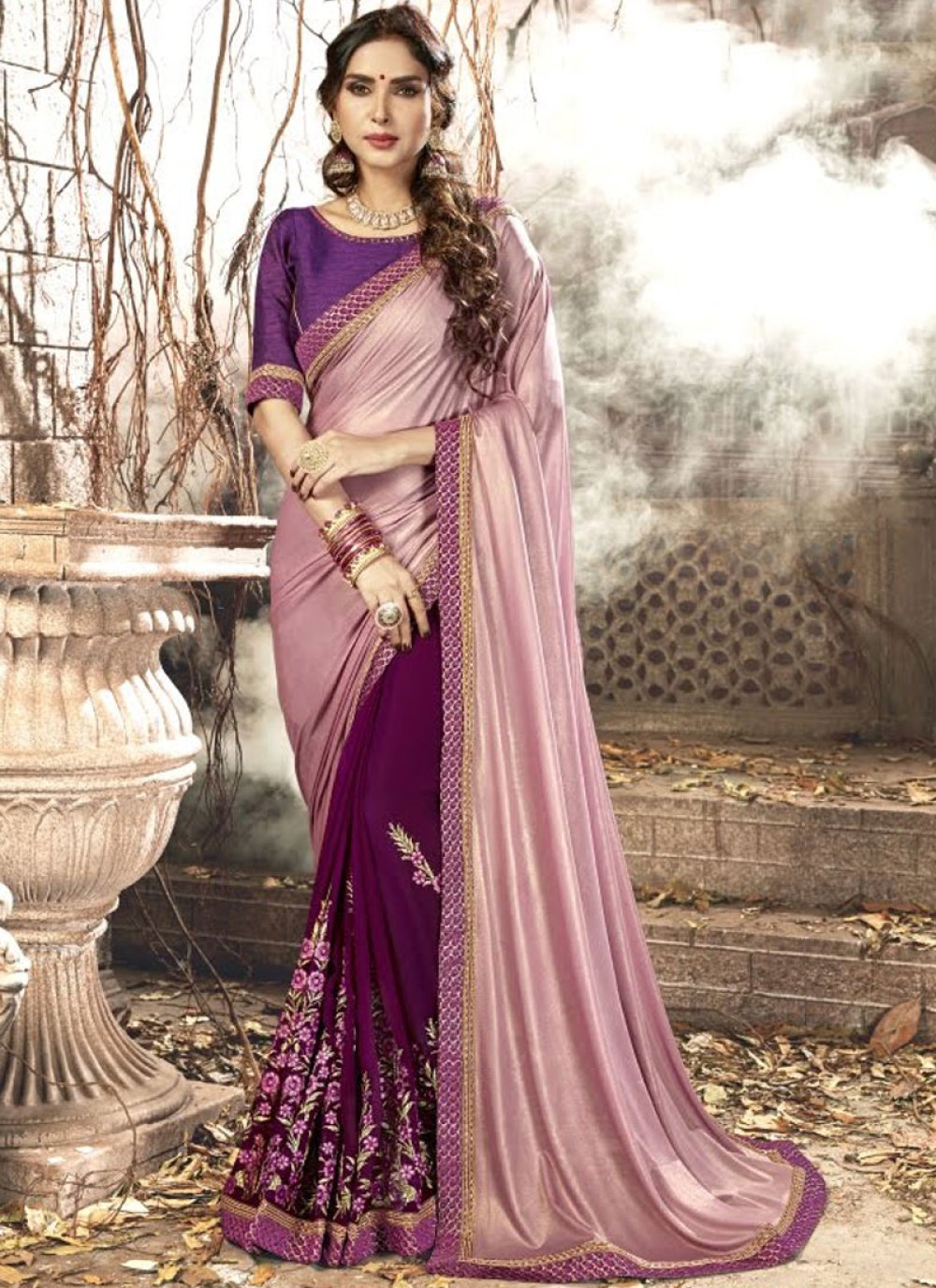 Buy Pink Color Georgette Crush Fabric Half and Half Saree Online