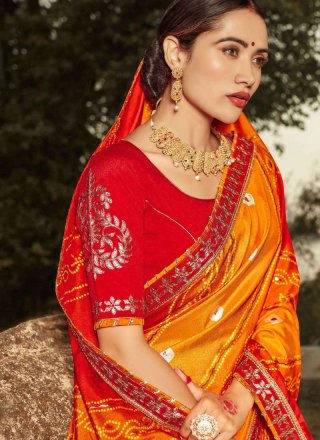Patch Border Orange and Red Shaded Saree