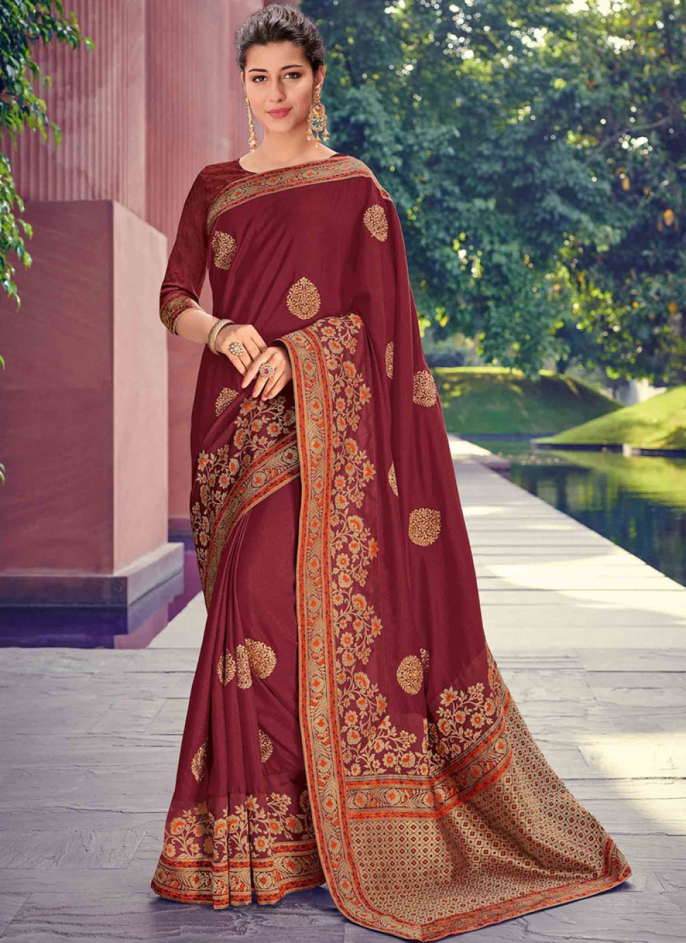 Buy Online Patch Border Poly Silk Maroon Designer Traditional Saree ...