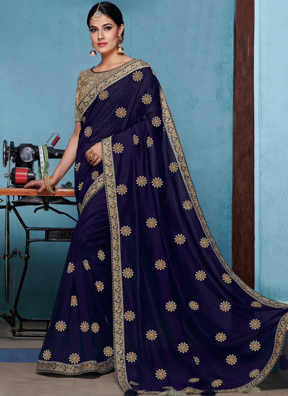 Patch Border Raw Silk Traditional Designer Saree in Blue