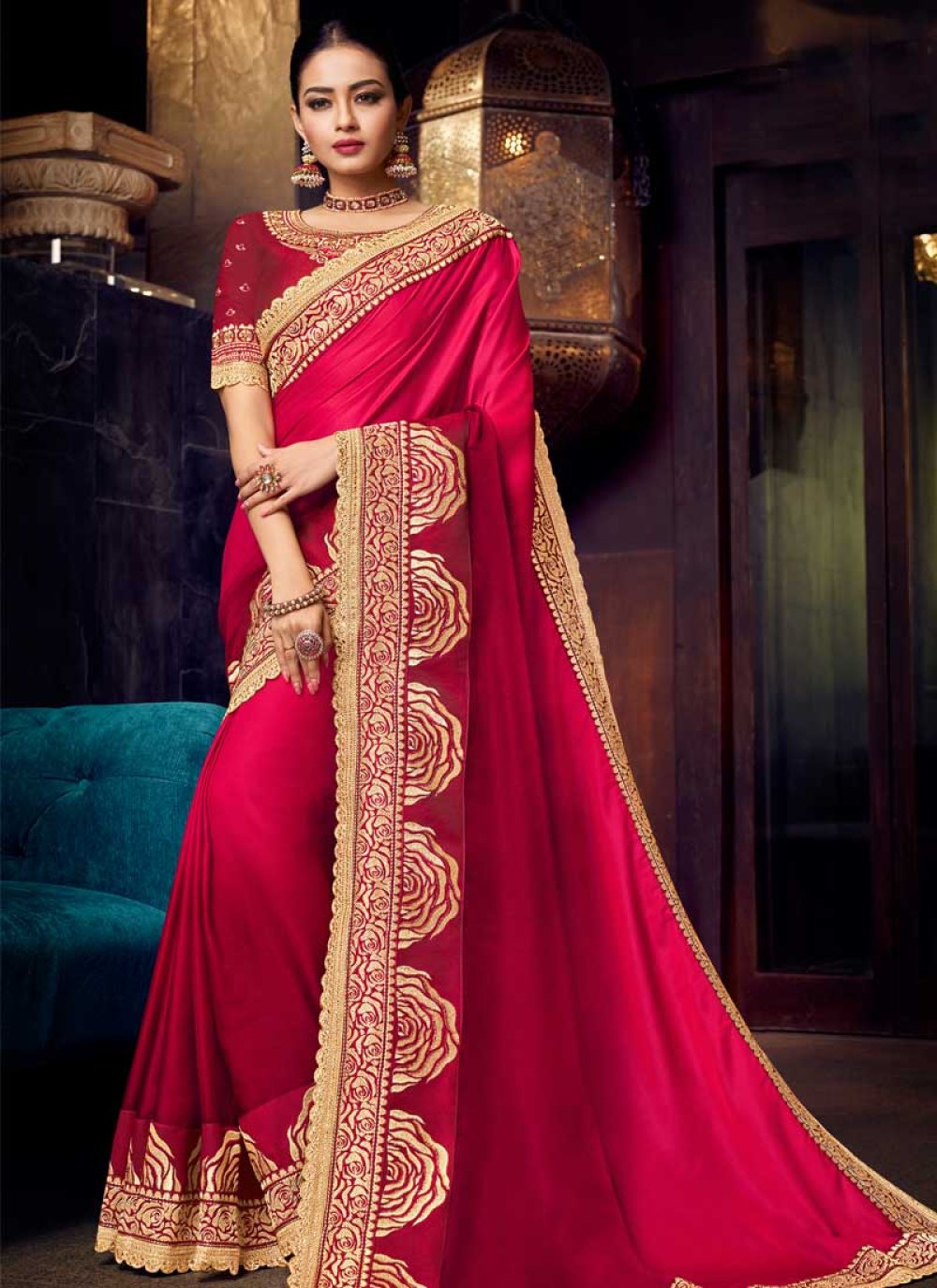 Buy Patch Border Satin Silk Crimson Designer Traditional Saree : 106481